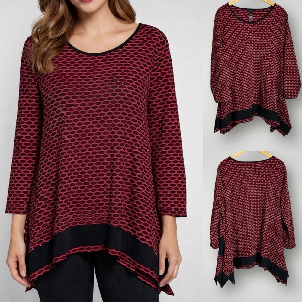 Ali Miles Knit Tunic Hi Low Hem Top Size 1X Handkerchief Hem Stretch 31” Length